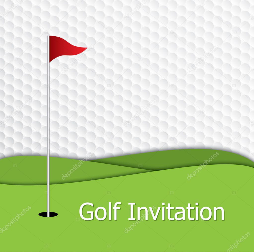 Golf tournament invitation graphic design. The design representing golf green, flag and hole on golf ball pattern texture.