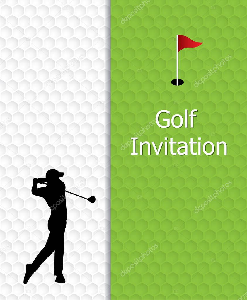 Golf tournament invitation graphic design. Golf green, flag and hole on golf ball pattern texture. And silhoutte golfer swinging.