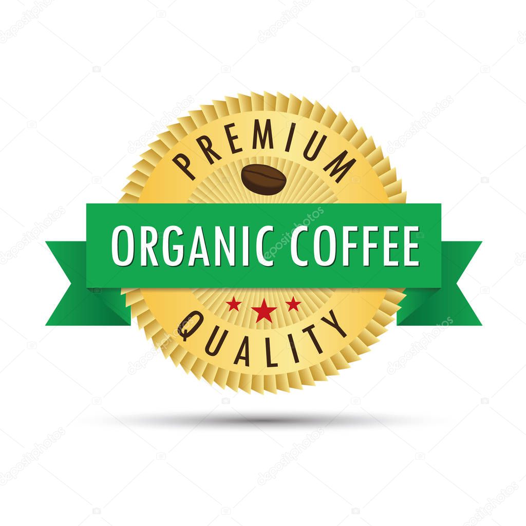 Organic coffee premium quality gold badge icon logo vector graphic design. Coffee for healthy.