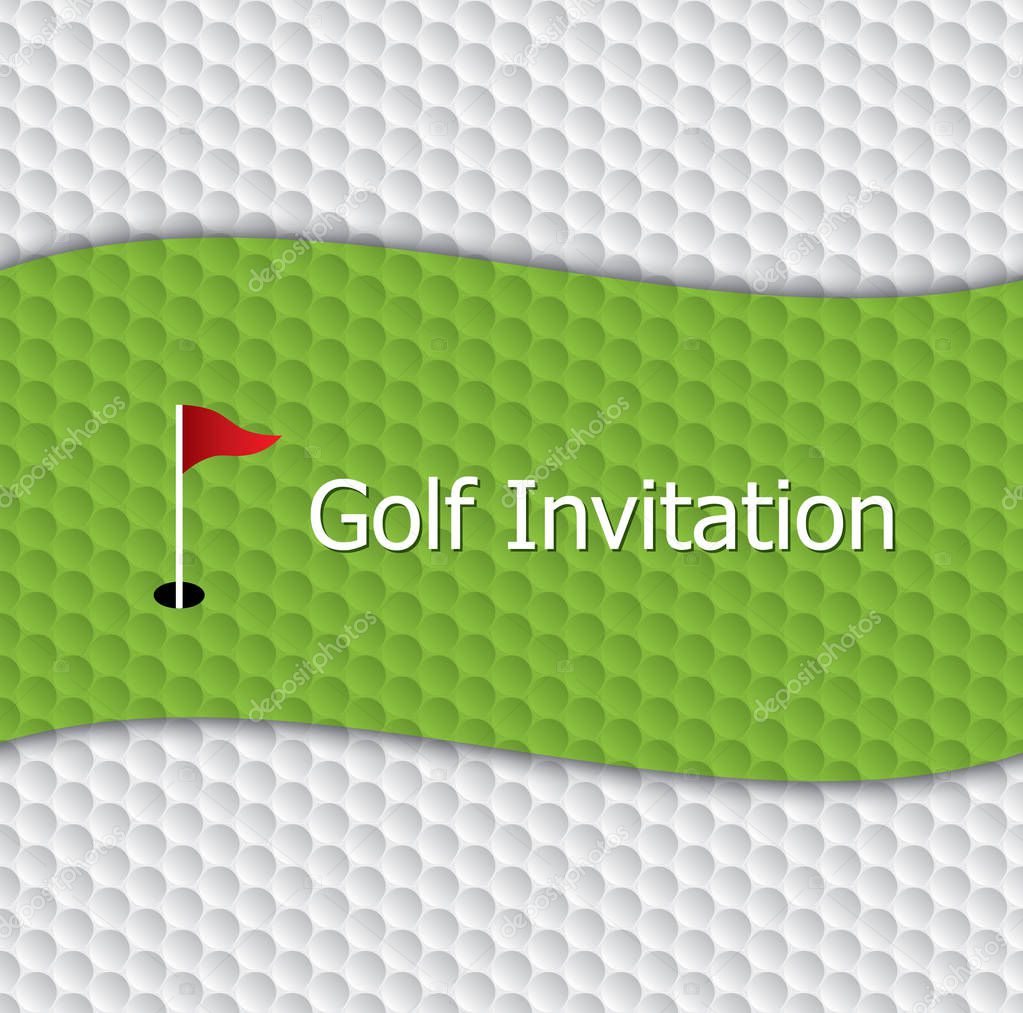 Golf tournament invitation graphic design. Golf green, flag and hole on golf ball pattern texture.