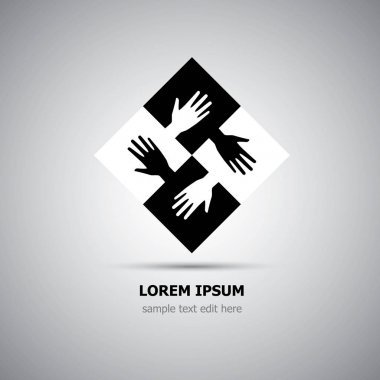 Dört organizasyon işbirliği siyah beyaz logo - dört adet makineli oyma testereleri ve elleri birbirine bağlı