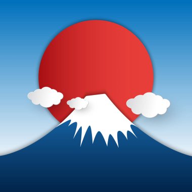 Kağıt sanat stil kar dağ, bulutlar, mavi gökyüzü ve arka plan için büyük kırmızı Paz. Gündoğumu veya günbatımı.