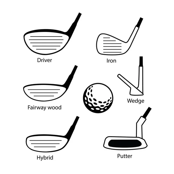 Sürücü, fairway ahşap, hibrid, demir, kama, atıcı ve golf topu gibi golf club simgeleri grafik tasarım.