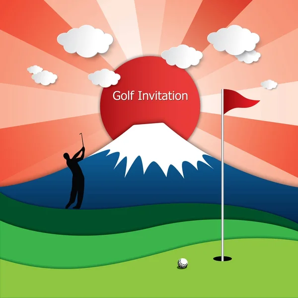 ゴルフ大会招待状チラシ テンプレートのグラフィック デザイン シルエットのゴルファーがグリーン フェアウェイからゴルフ ボールをスイングします 雪の山 大きな赤い太陽 バック グラウンドでの日光の破裂 — ストックベクタ