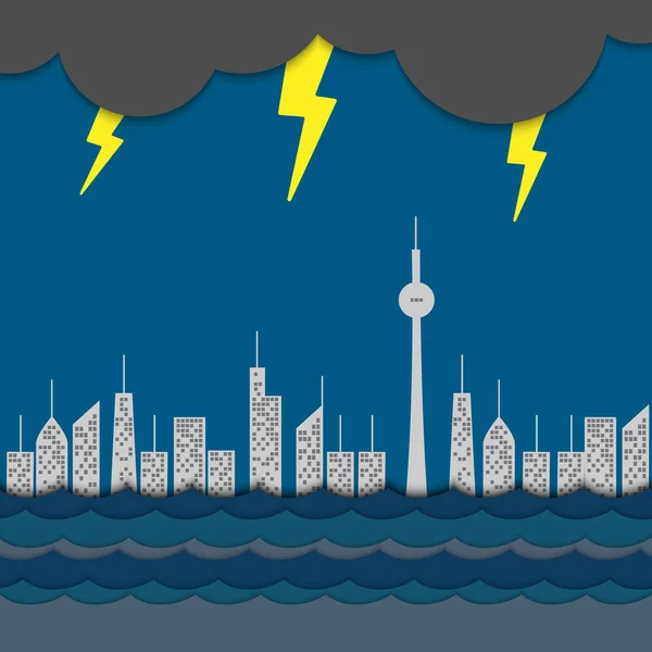 Storm and rain making flood disaster in big city full of sky high towers. Vector graphic design.