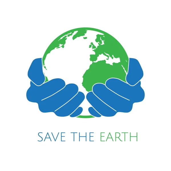 Earth Concept Logo Blue Hands Holding Green Earth Ecology Environment — Stock Vector