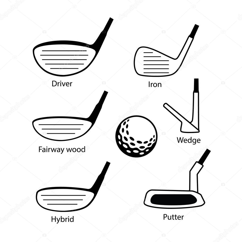 Set of golf club icons graphic design including driver, fairway wood, hybrid, iron, wedge, putter and golf ball.