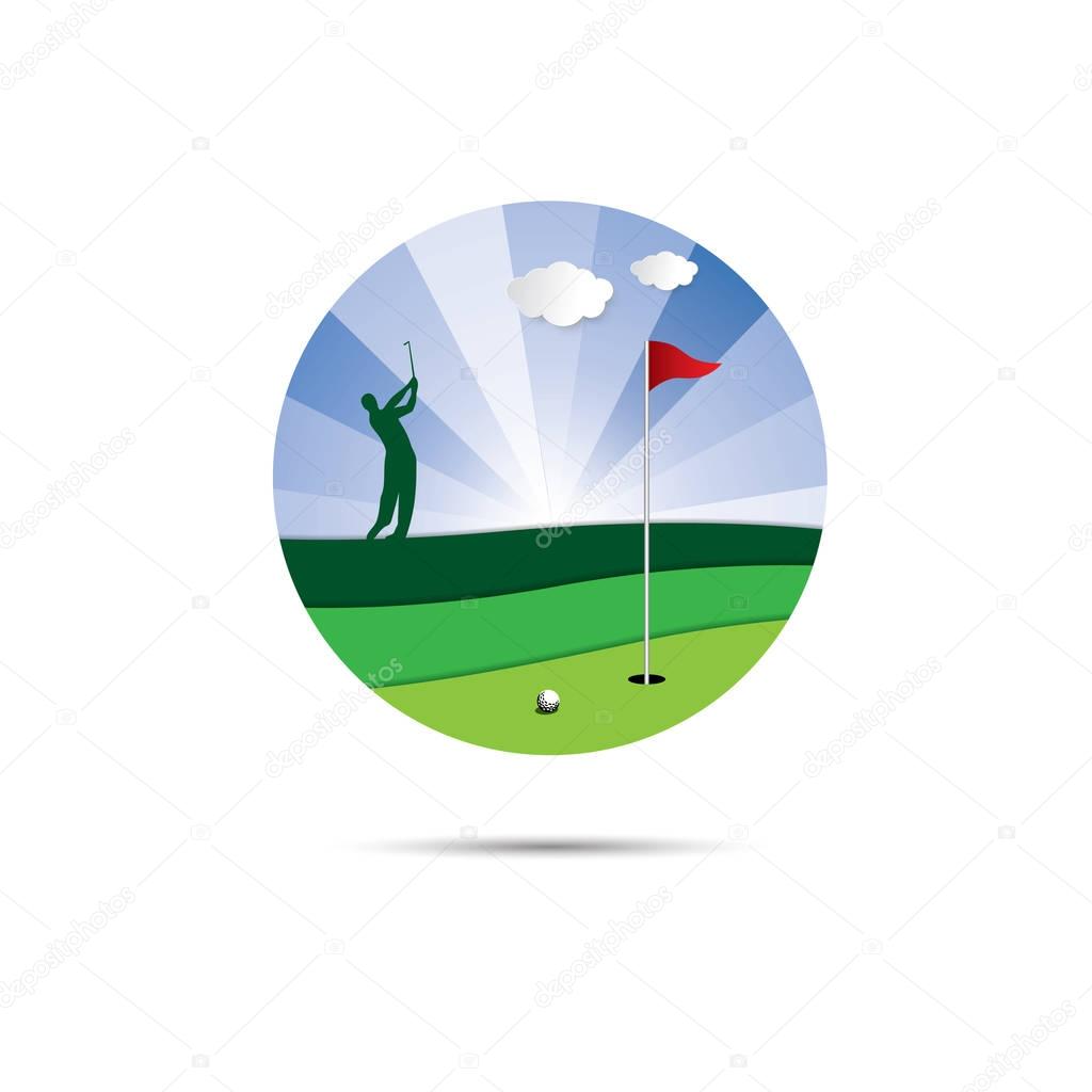 Golf logo vector graphic design - golfer swinging iron club, green, hole, flag, golf ball, fairway, blue sky, shining sun light and cloud.
