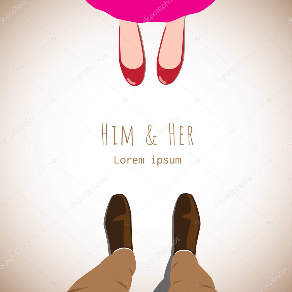 Him and her vector graphic design. Man and woman standing together and are in love. Man in brown shoes and slacks, woman in pink skirt and red shoes.