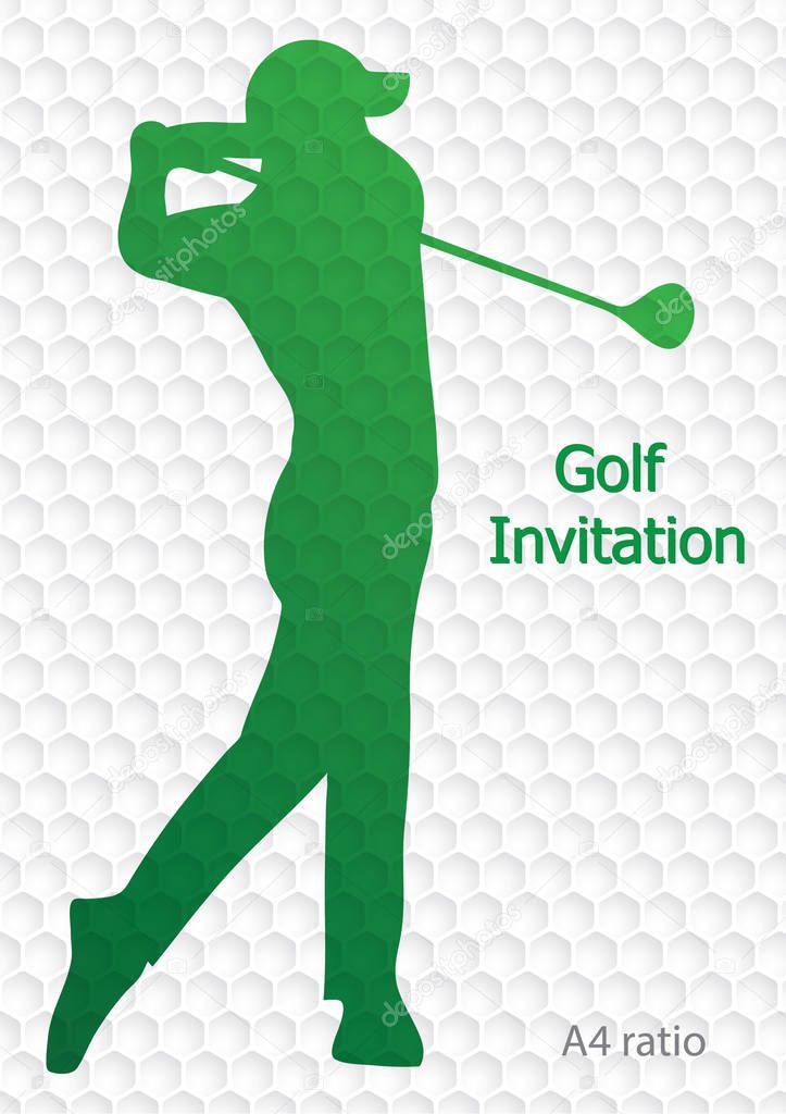 Golf tournament invitation flyer template vector graphic design. Golfer swinging on golf ball pattern texture. A4 ratio.