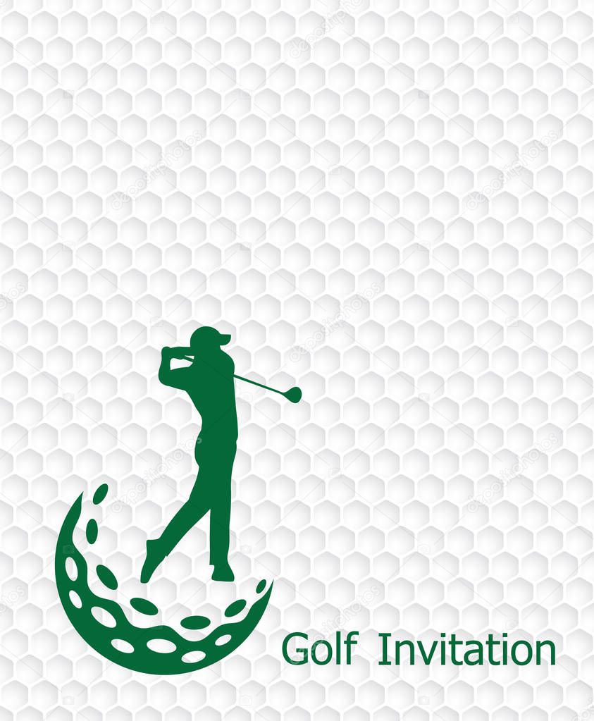 Golf tournament invitation flyer template graphic design. Golfer swinging on golfball on golf ball pattern texture.