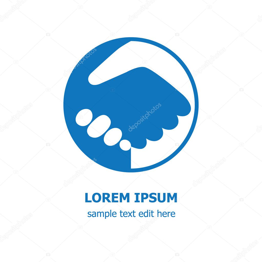 Blue and white handshake round icon logo for business coopereation.