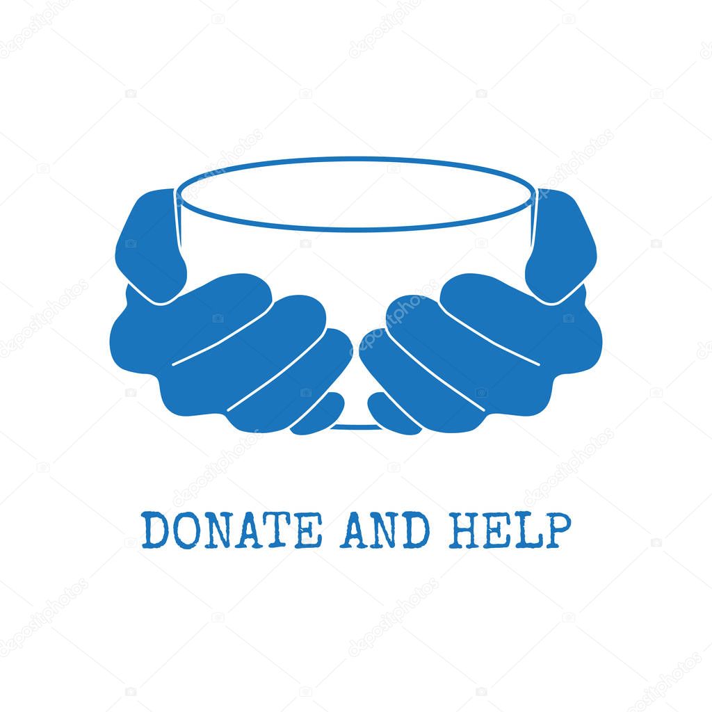 Donate and help logo. Hungry people holding empty bowl begging for food and help.