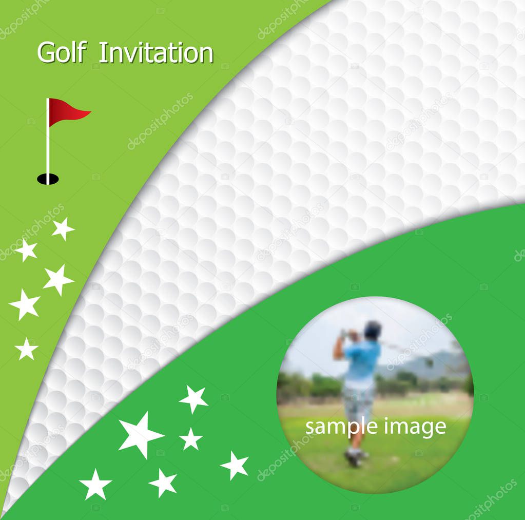 Golf tournament invitation flyer template graphic design. Golfer swinging on golfball on golf ball pattern texture.