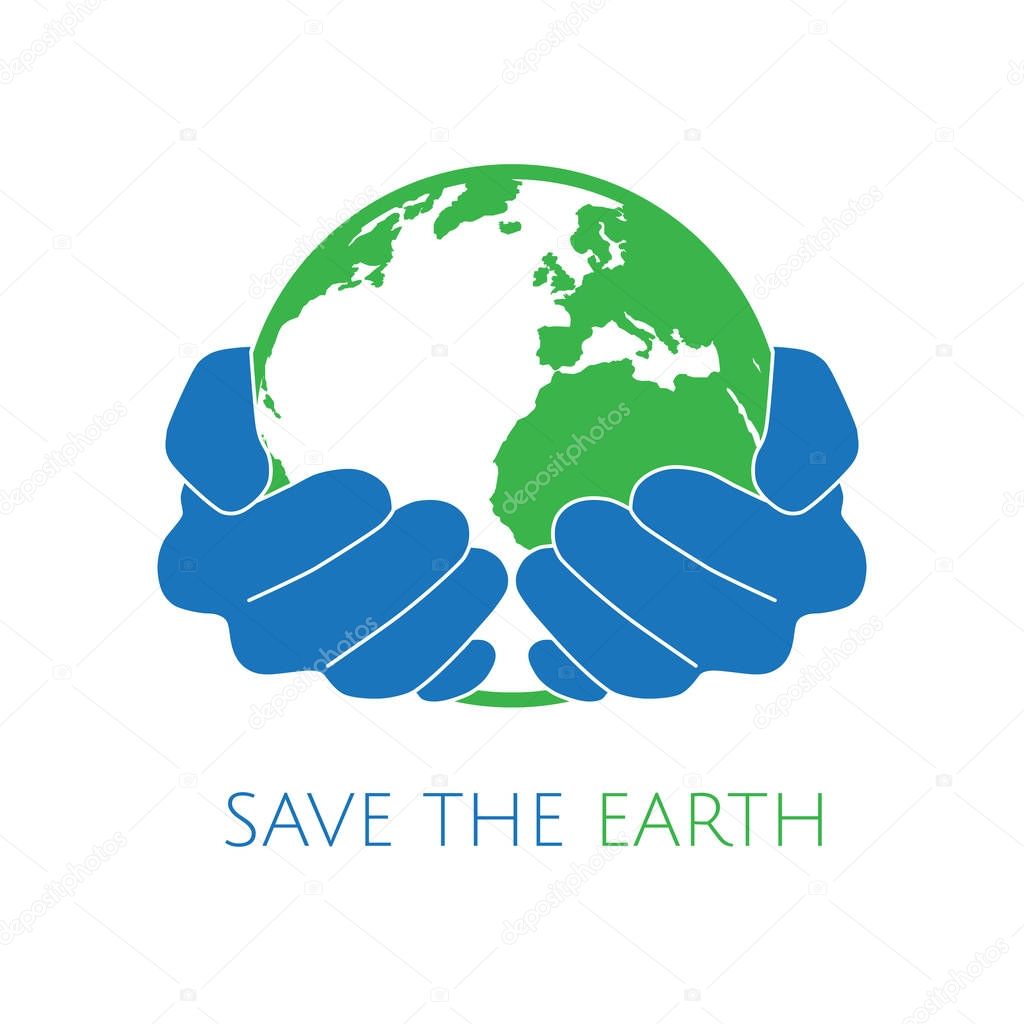 Save the earth concept logo. Blue hands holding green earth. Ecology and environment conservation concept logo.