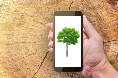 Bir ağaca smartphone ekran ve kesilmiş ağaç ömrü bölüm temsil eden küresel ısınma, çevre koruma, teknoloji doğaya karşı arka planda gösterilen.
