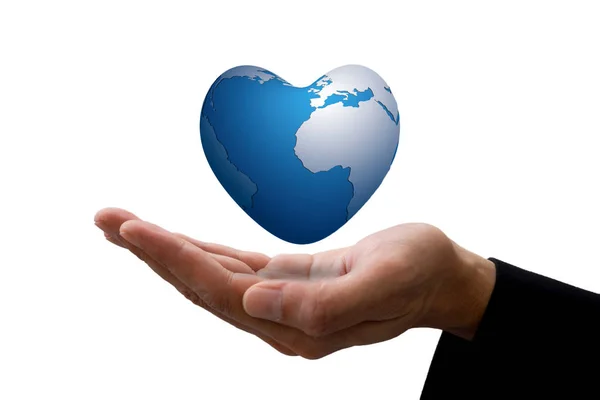 Businessman Blue Earth Heart Shape His Hand — Stock Photo, Image