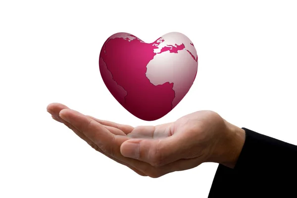 Businessman the pink earth heart above his hand represent global business, love earth, valentine, save environment.