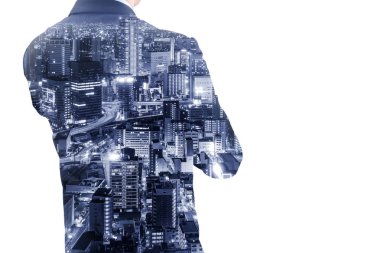 Çift pozlama işadamı bir kolu iş hakkında düşünce ve gelecekteki geçiş ve gece şehir Osaka.