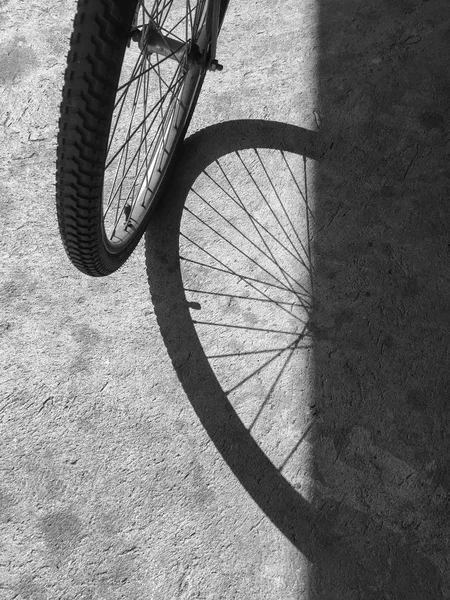 Bicicleta Roda Dianteira Sombra Chão Concreto Efeito Monotono — Fotografia de Stock