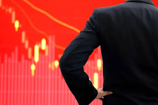 Back Side Businessman Dark Gray Suit Standing Akimbo Watching Stock — Stock Photo, Image