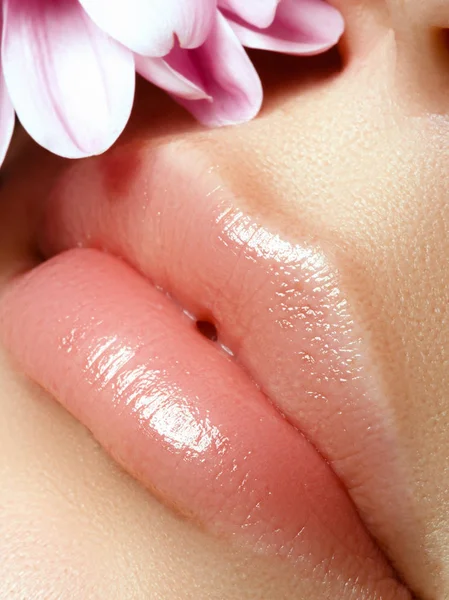 Lips augmentation. Perfect natural lip makeup. Close up macro photo with beautiful female mouth. Plump full lips. Close-up face detail. Perfect clean skin, light fresh lip make-up