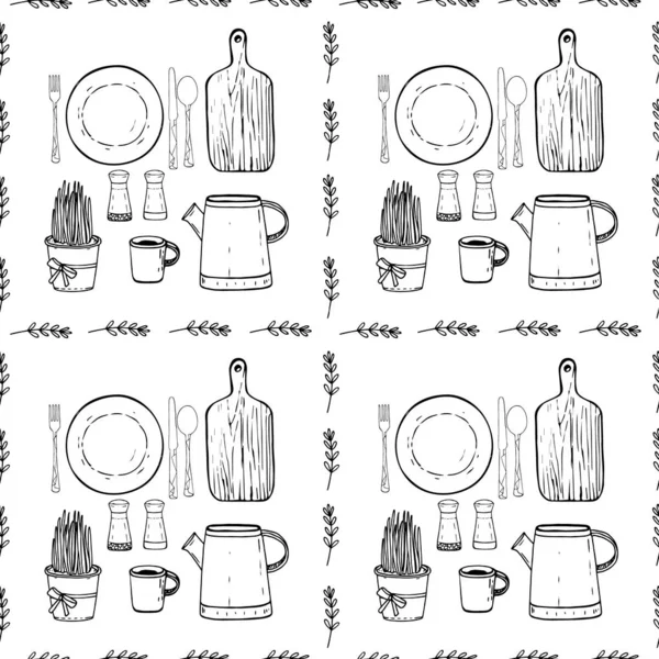 Naadloos patroon met keukenvoorwerpen, waterkoker, mok, bord, bloempot. Schattig, knus, huiselijk, zwarte lijnen op wit, schets, Doodle. Voor cafés, textiel. — Stockfoto