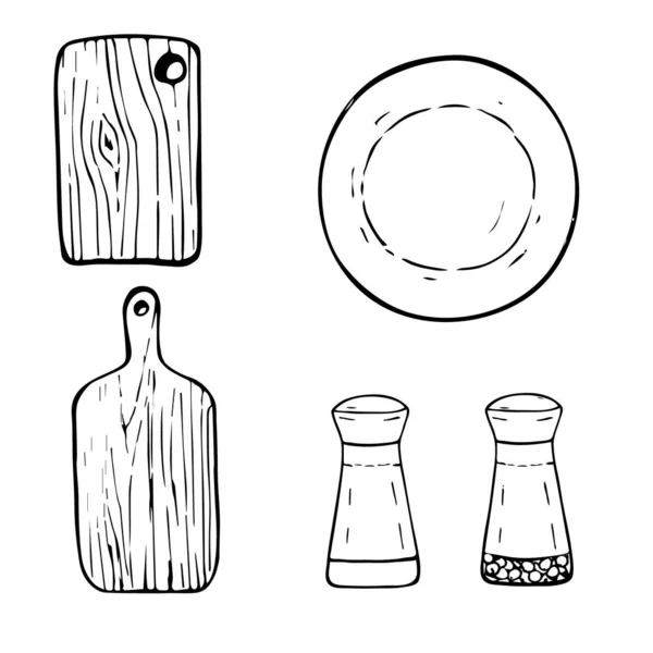 Ilustración hecha a mano. Utensilios de cocina, herramientas, accesorios, placa, salero, tabla, conjunto. Bosquejo, líneas negras sobre fondo blanco, lindo . —  Fotos de Stock