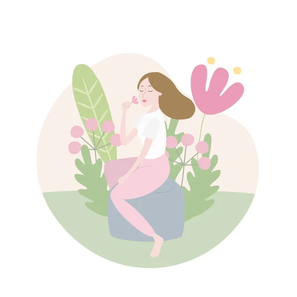 Ilustração vetorial. Uma jovem cheira uma flor . — Vetor de Stock