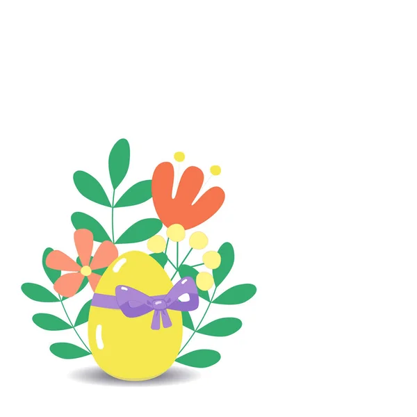 Jajko wielkanocne żółte z kokardą, wokół gałązek i kwiatów. Ilustracja wektora. — Wektor stockowy