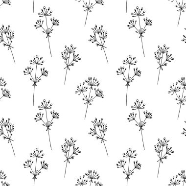 El çizimi vektör çizimi. Basit çiçeklerle kusursuz desen. Çocuk çizimi, ilkel, çocuksu. Beyaz üzerine siyah çizgiler. Dekorasyon, tekstil için.