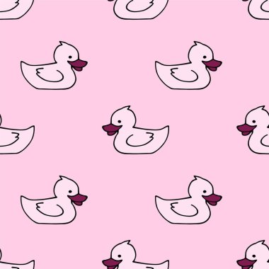 Pembe arka planda basit ördek siluetleri olan kusursuz bir desen. Bebekler için vektör illüstrasyon. Çocuk dekoru ve tekstil için parlak ve sevimli..