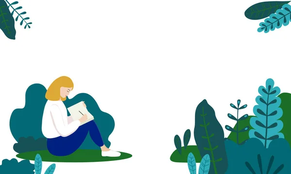 Girl with a book , Notepad and pencil in nature, vector illustration.