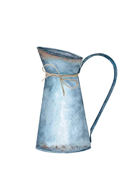 Watercolor illustration. A jug, a vase made of metal in a rustic style. — Stock Photo, Image