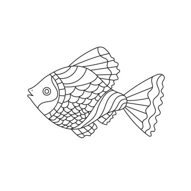 El çizimi vektör çizimi. Beyaz arka planda süsü olan şirin bir balık, çocuklar için boyama kitabı.. 