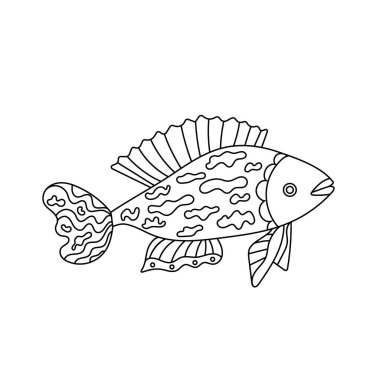El çizimi vektör çizimi. Beyaz arka planda süsü olan şirin bir balık, çocuklar için boyama kitabı. Doodle biçiminde basit biçim.