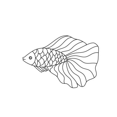 El çizimi vektör çizimi. Beyaz arka planda süsü olan şirin bir balık, çocuklar için boyama kitabı. Doodle biçiminde basit biçim.