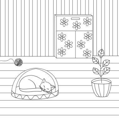 Hand drawn vector illustration. Cute cat sleeping, room, flower, on a white background, coloring book for children.