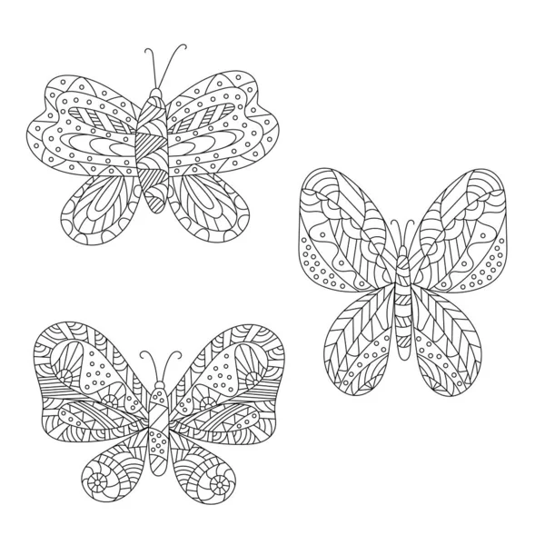 Ręcznie Rysowany Wektor Ilustracji Zestaw Cute Motyle Białym Tle Kolorowanki — Wektor stockowy