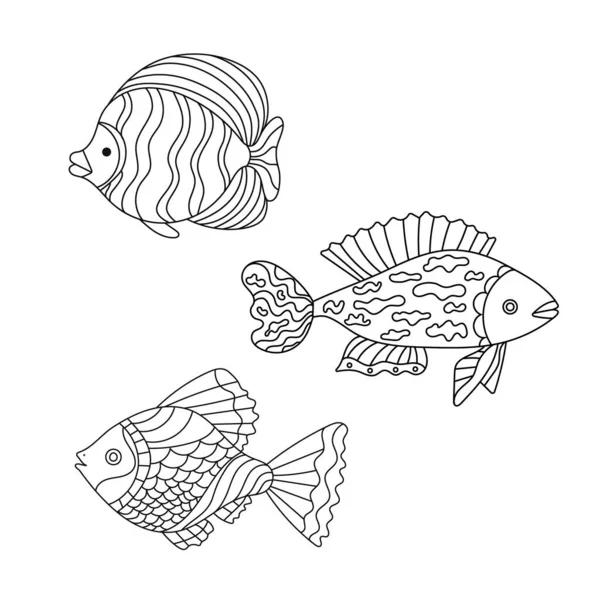 Ilustración vectorial dibujada a mano. Conjunto de tres peces con adornos, para colorear para niños . — Vector de stock