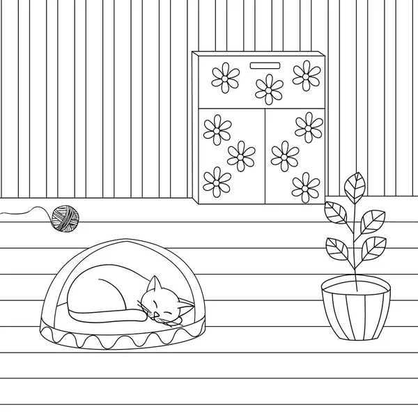Hand drawn vector illustration. Cute cat sleeping, room, flower, on a white background, coloring book for children. — Stock Vector