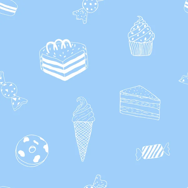 Ilustração vetorial desenhada à mão. Padrão sem costura com doces bonitos, fatia de bolo, cupcake, sorvete. Desenho com formas simples, silhuetas . —  Vetores de Stock