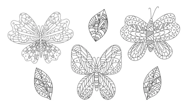 Handritad Vektor Illustration Set Med Söta Fjärilar Vit Bakgrund Teckningar — Stock vektor
