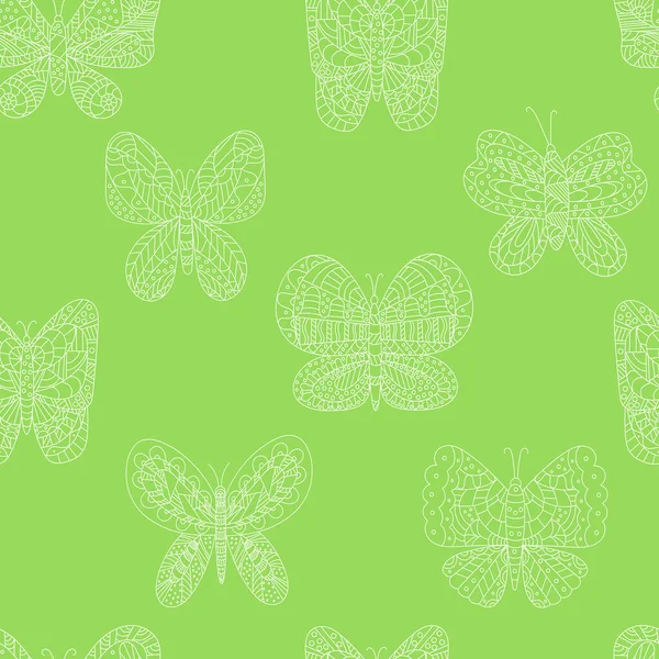 手绘矢量图解 无缝隙图案 蝴蝶可爱 画与简单的形状 绿色背景的草图 纺织品和儿童装饰用 — 图库矢量图片