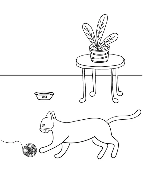 Ilustración Vectorial Dibujada Mano Lindo Gato Jugando Con Una Bola — Archivo Imágenes Vectoriales
