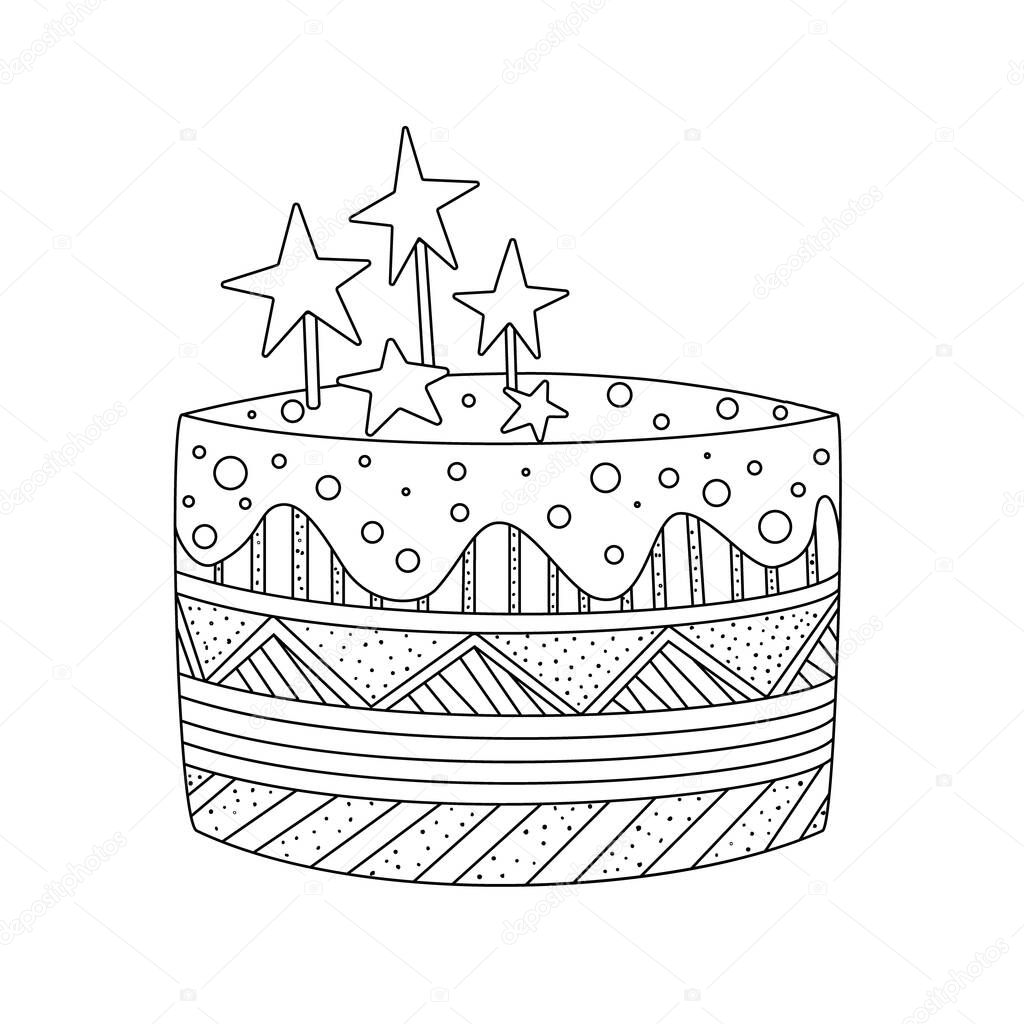 A simple cake with an ornament, layers, decoration. Hand drawn vector illustration, black lines on white, Doodle, sketch.Cute coloring book for children.