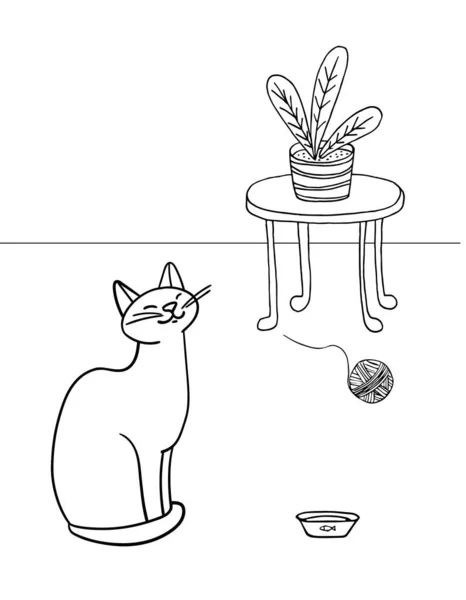 Ilustración Vectorial Dibujada Mano Lindo Gato Sentado Sonriendo Habitación Flor — Archivo Imágenes Vectoriales