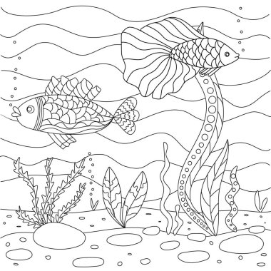 Deniz tabanında algler ve balıklarla vektör çizimi. Küçük çocuklar için sevimli kare boyama kitabı. .