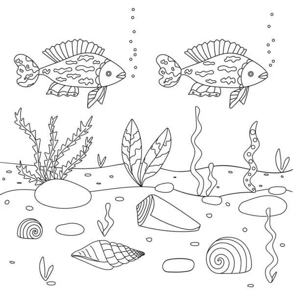 Vektorillustration mit Algen, Muscheln und Fischen, Meeresboden. Niedliches quadratisches Malbuch für Kinder. Einfache lustige Kinderzeichnung. — Stockvektor