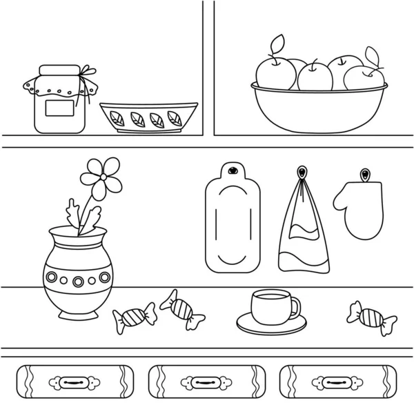 Vektor illusztráció konyhai tárgyakkal, váza, tál almával, törölköző, kupa, cukorka. Aranyos kifestőkönyv gyerekeknek, négyzet oldal. — Stock Vector